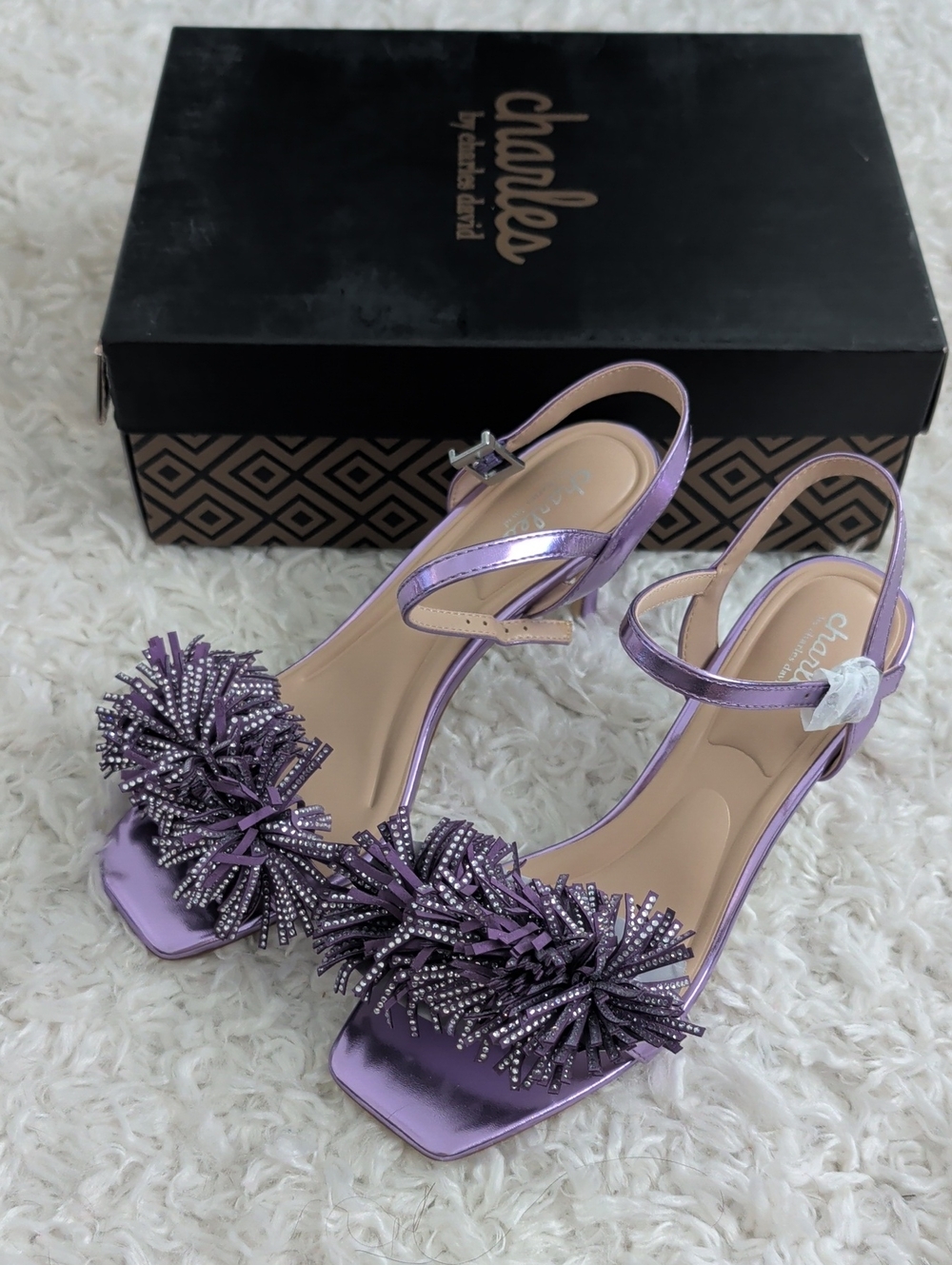 NWB Charles by Charles David Metallic Lavender Pom-Pom Slingback Heels